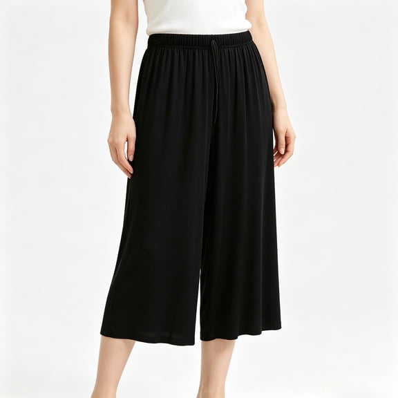 Womens Wide Leg Capri Pants Black Plus Size, Soft Lounge Pants with Elastic Waist,Black Casual Modal Blend Cropped Pants,Size M