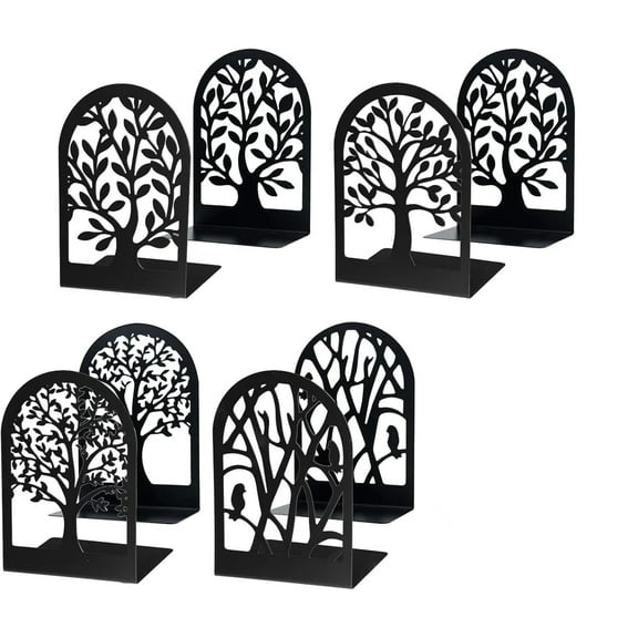 RYLZX Bookends for Shelves Decorative, 4 Pairs of Tree Bookends Supports, Black Metal Book Stoppers for Heavy Books, Heavy Duty Book Ends for Home Office School