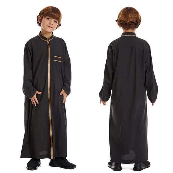 Thobe for Boys Casual Long Sleeves Casual Gown Crew Neck Kids Robe Black Kaftan 7-8 Years