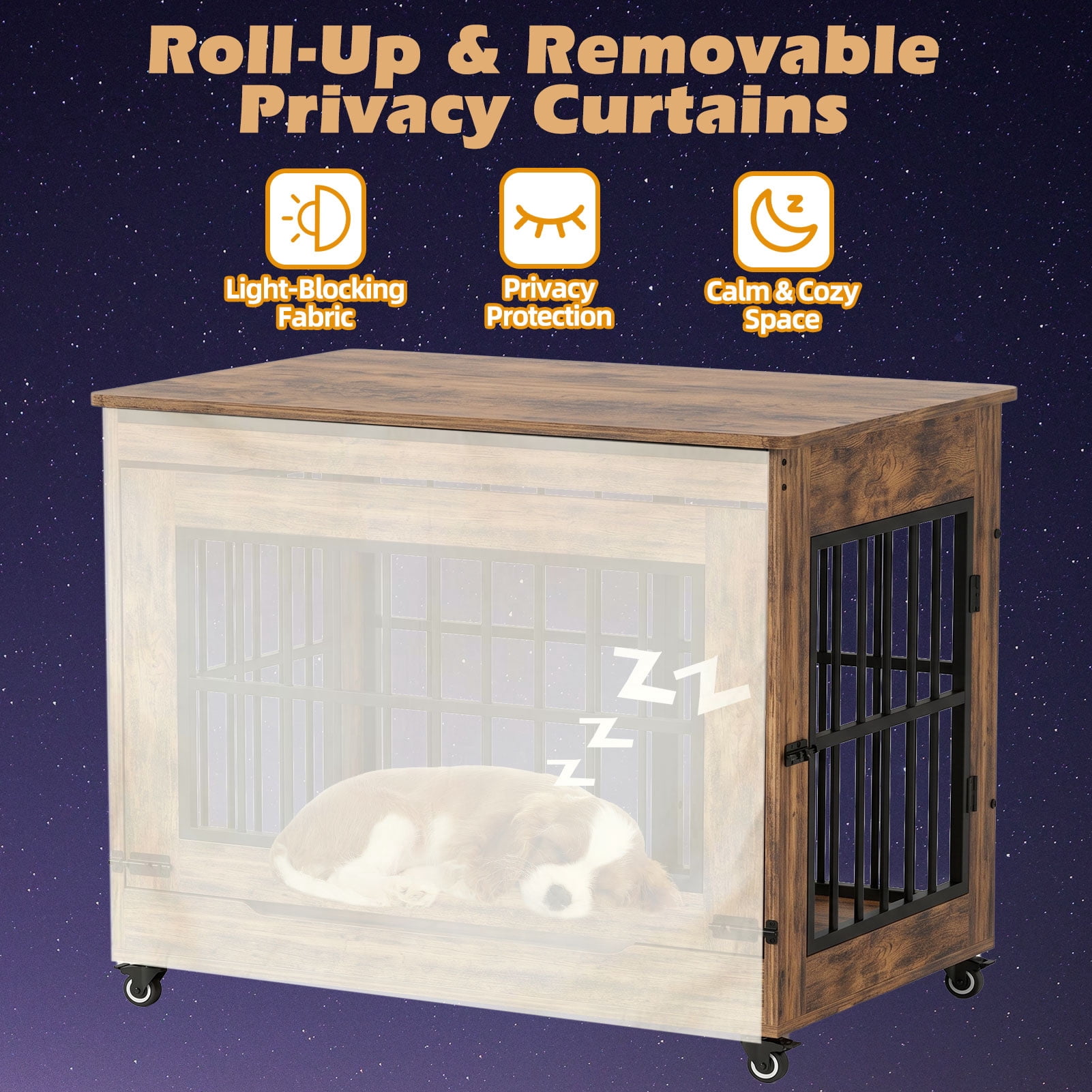 Aukfa 42.1-Inch Large Dog Crate Furniture, Indoor Dog Kennel Decorative Pet Cage End Table, Lift-Up Door, Curtain & Wheels,Rustic Brown