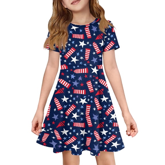 Grblisyd 4th of July Dresses for Girls USA Patriotic Short Sleeve Dress Star Striped Crew Neck A Line Dress Independence Day Outfit with Pockets 10-12y