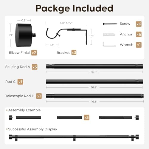 Curtain Rods for Windows 48 to 84, Black Curtain Rod, Adjustable 1 Inch Heavy Duty Outdoor/Indoor Modern Drapery Pole, 32"-86"