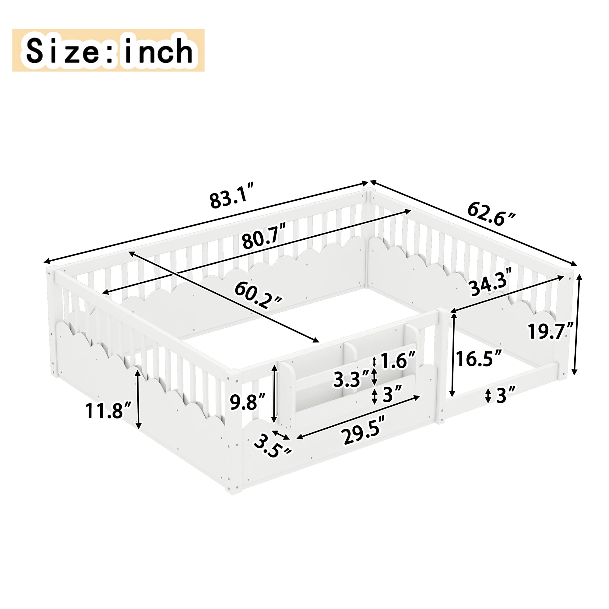 Mintazer Queen Montessori Floor Bed with Bookshelf & Heightened Fence, Kids Wood Floor Bed for Boys and Girls, White