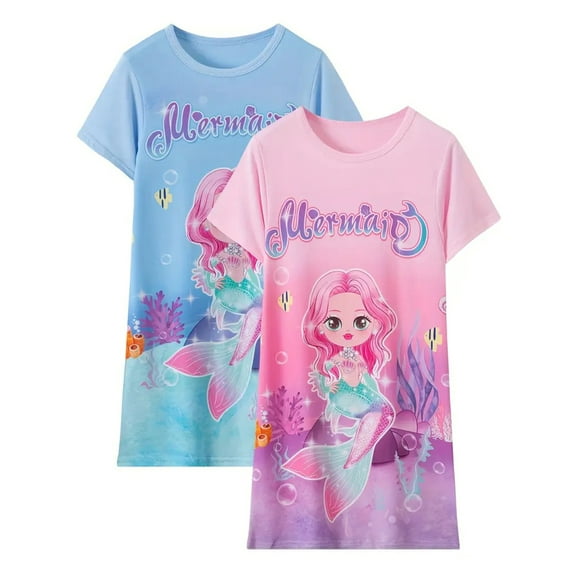 WIBACKER 3-14Y 2-Pack Girls Nightgowns Short Sleeve Nightdress Kids Cute Mermaid Nightie Dress Summer Pajamas