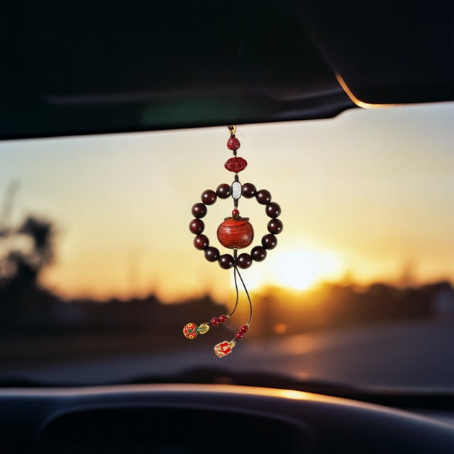 Colgante de espejo retrovisor de coche de caqui y sándalo, adorno decorativo para colgar de plástico tejido marrón, textura natural, 18x3x3cm, accesorio de mejora interior para vehículos