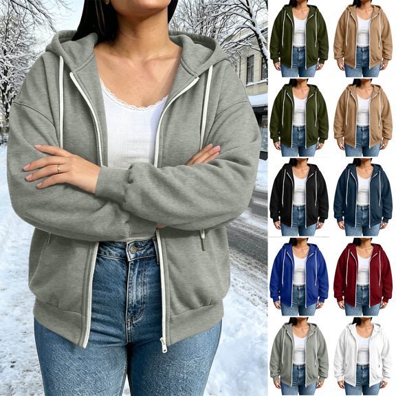 Axdhxbd Full Zip Hoodie for Women Plus Size Winter Long Sleeve Drawstring Hoodies Sweatshirts Loose Casual Solid Color Sweatshirt Jacket with Pockets Army Green L-5XL