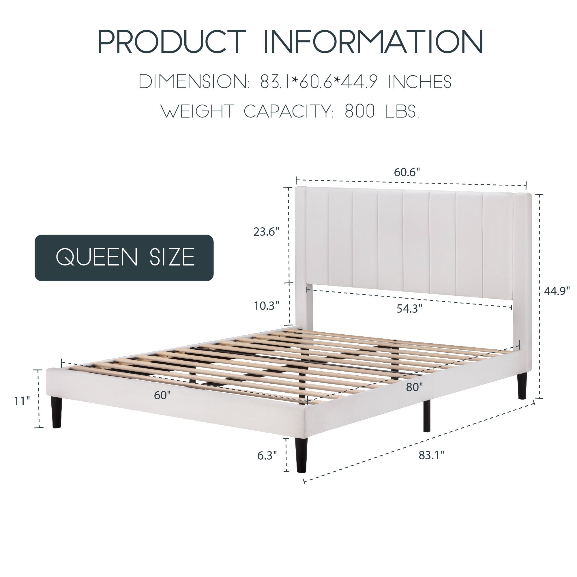 Einfach Queen Size Platform Bed Frame with Upholstered Velvet Vertical Headboard, White