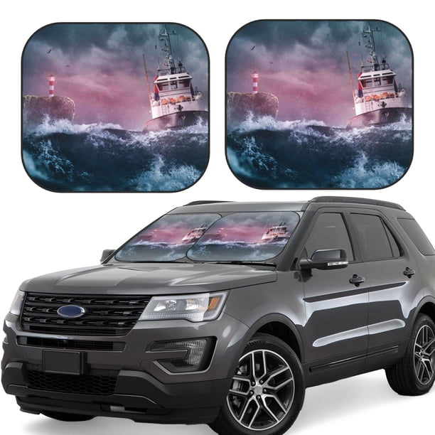 Balery Boat Lighthouse Storm Waves Parasol para parabrisas de coche de 2 piezas | Parasol plegable para parabrisas delantero de coche para la mayoría de sedanes-Large