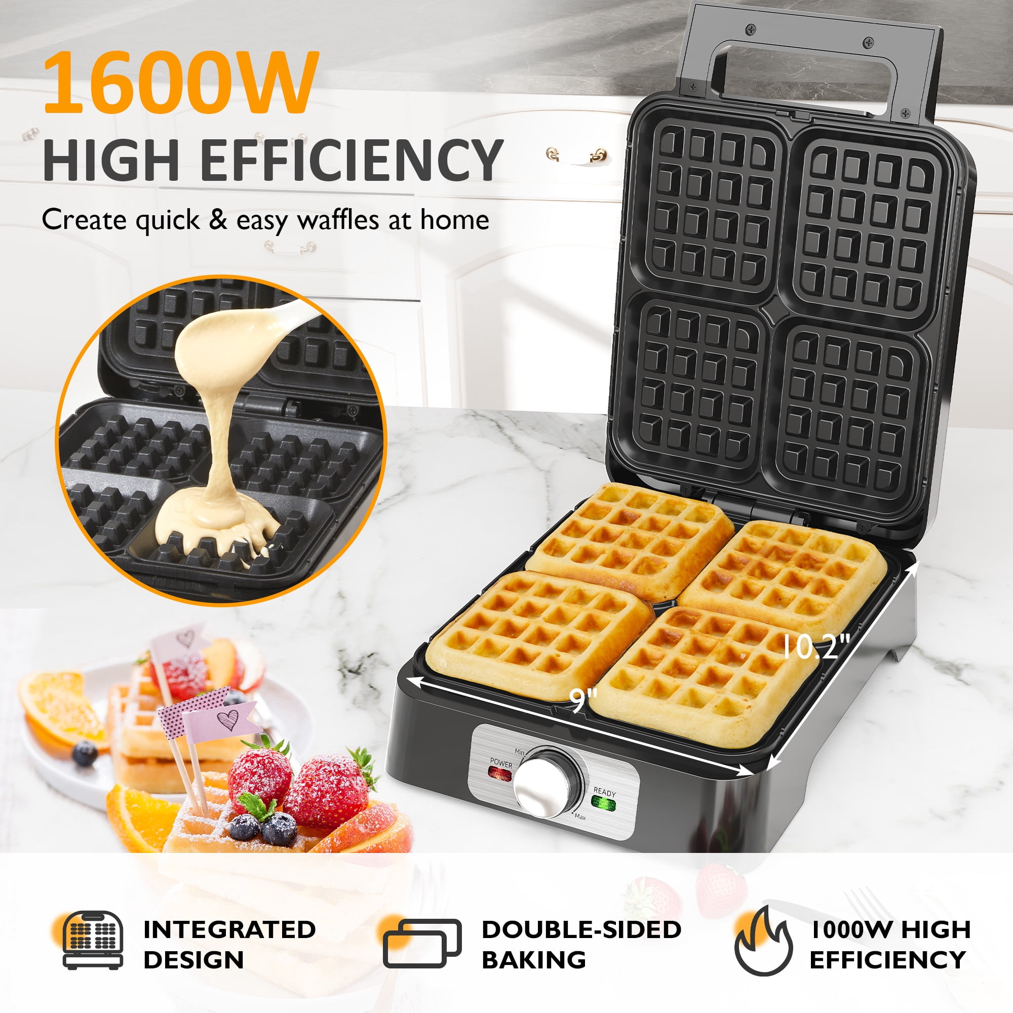 Heynemo Electric Waffle Maker 4 Slices, Stainless Steel Waffle Iron with Adjustable Heat, Nonstick Coating & Cool Touch Handle