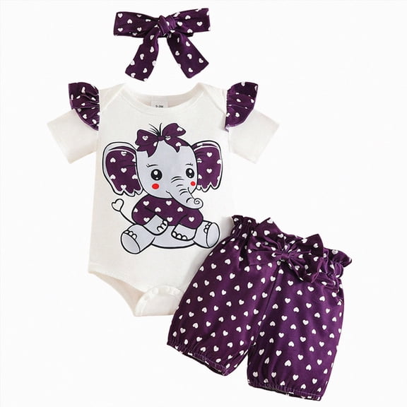 HCNTES Infant Baby Girl Elephant Print Ruffle Sleeve Romper & Heart Dot Shorts with Bow Headband 3Pcs Cute Outfit Set 0-18M