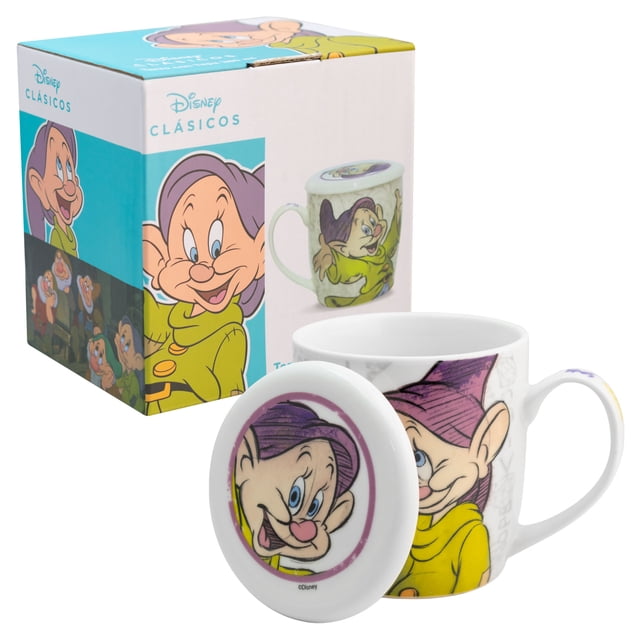 Taza de Cerámica con Tapa, Diseño Enanito Tontin, Blanca Nieves, Colección Disney Clásicos, Capacidad 385ml con Caja de Regalo