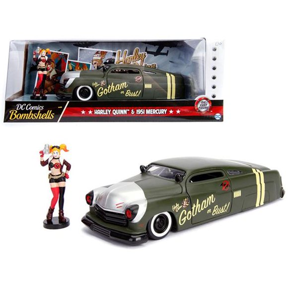 Jada 30456 1951 Mercury Matt Green with Harley Quinn Diecast Figure DC Comics Bombshells Series 1-24 Diecast Model Car