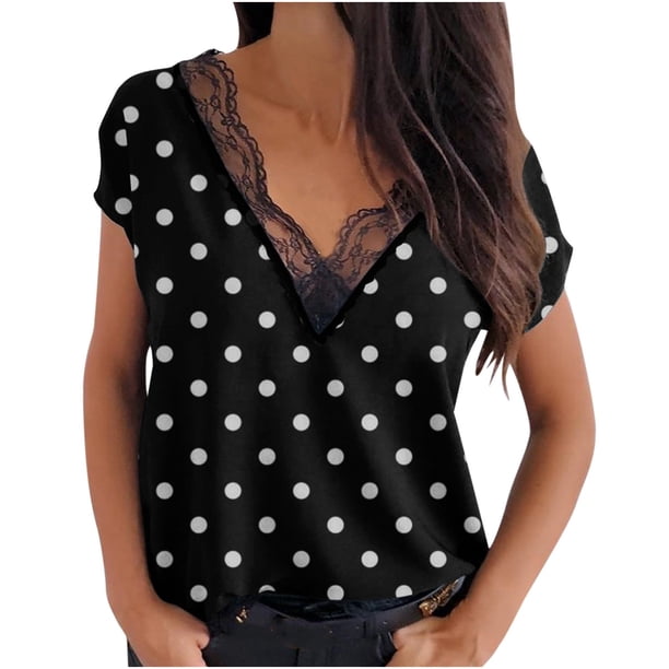 Blusa de encaje estampada con mangas raglán y manga corta con cuello en V para mujer Pompotops hkajfhjk466658