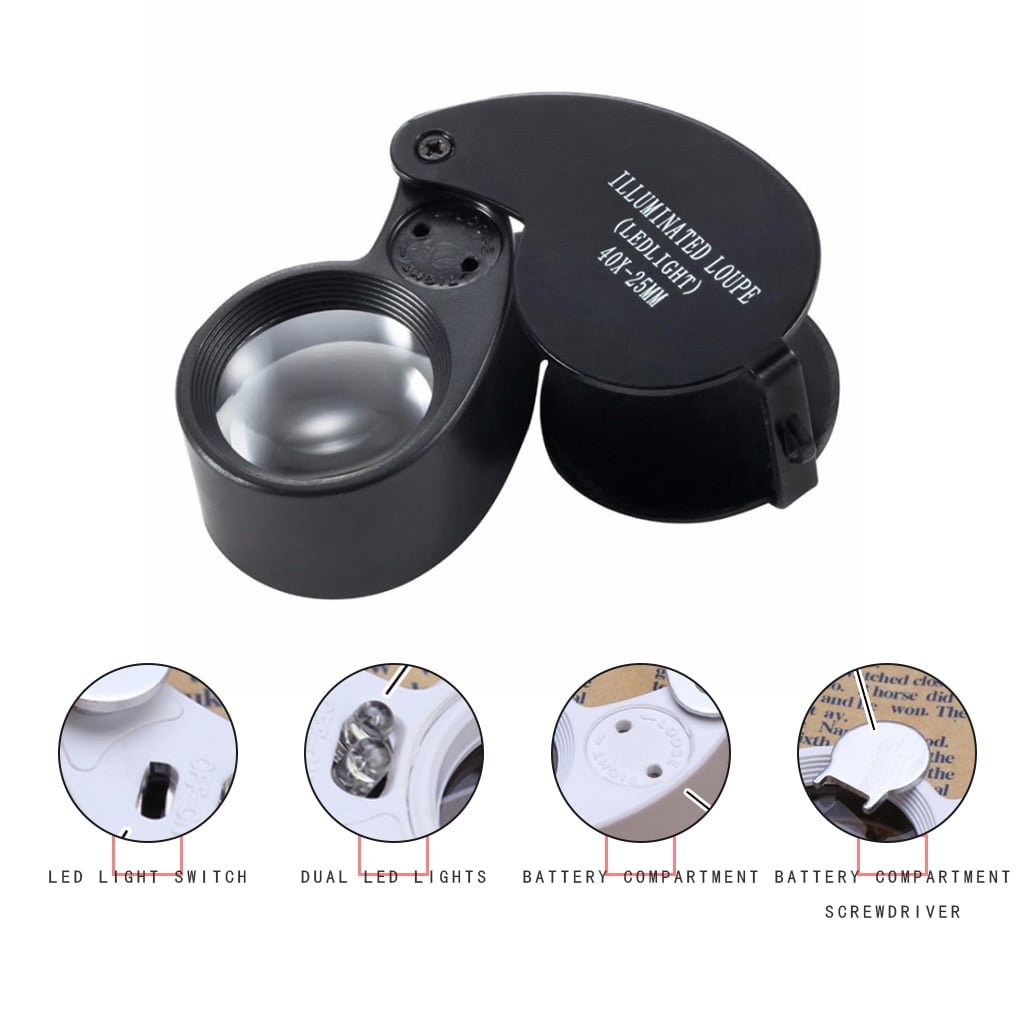 New Led Jewellers Pocket Lens 40X 25Mm Loupe Magnifying Eye Glass Magnifier JD 