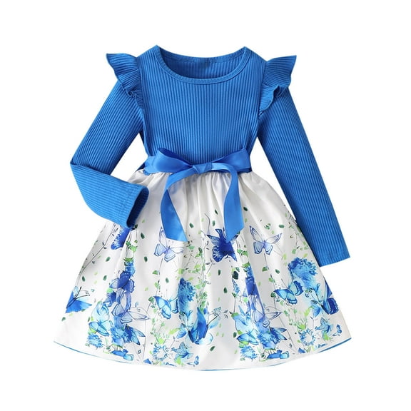 Odeerbi Toddler Girls Rib Knit Floral Dresses Cute Cotton A-Line Dress Children's Round Neck Long Sleeve Knee Length Dress Toddler Girls Clothes