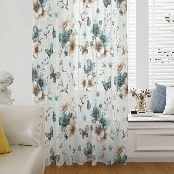 Teal Beige Floral Sheer Curtains 84 Inch Length, Light Filtering Voile Curtain Panel, Spring Elegant Garden Flowers Blue Rod Pocket Drapes Window Treatments for Living Room Bedroom 52"x84"