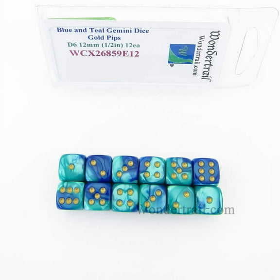 Blue and Teal Gemini Dice with Gold Pips 12mm (1/2in) D6 Set of 12 Wondertrail