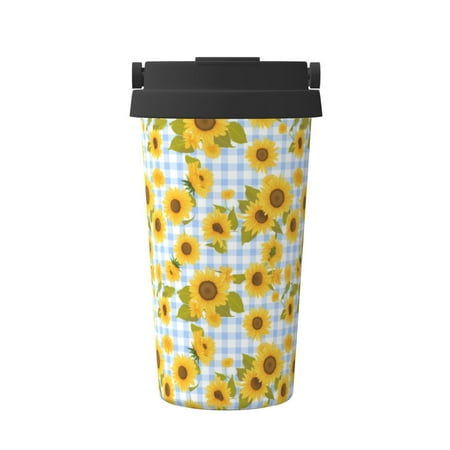 

Goofa Blue White Plaid Sunflower for Insulated Travel Coffee Mug Spill Proof Leak Proof 16 OZCoffee Tumbler Reusable Coffee Cups with Lids Thermos for Hot and Cold Drink
