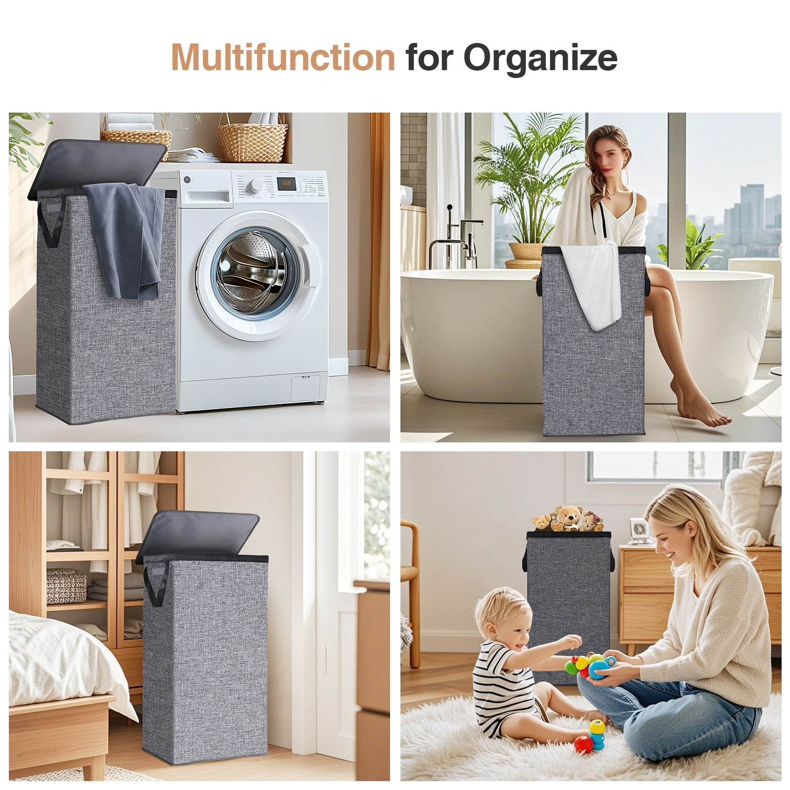 Okaka Collapsible Laundry Hamper with Lid 100L, Tall Laundry Basket with Removable Mesh Bag for Bedroom, Bathroom,Closet, Dorm(Grey)