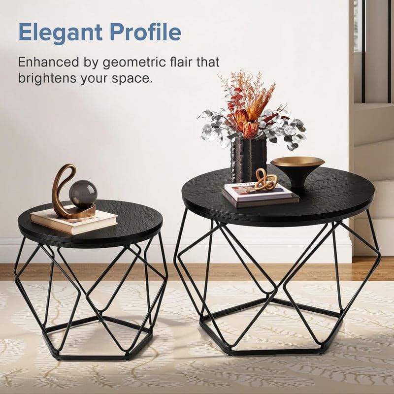 Simenmax 2-Piece Round Nesting Coffee Table Set with Hidden Storage, Modern Geometric Side Tables and Movable End Tables for Living Room, Black