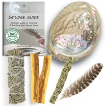 Ancient Veda Healers Blue Sage Smudge Kit with Smudge Stick, Sweetgrass Braid, 2 Palo Santo Sticks, Abalone Shell, & Feather Kit