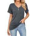 thumbnail image 1 of Top casual de manga corta para mujer con decoración de botones, cuello en V, camiseta suelta de poliéster para verano, gris oscuro XL, 1 of 6