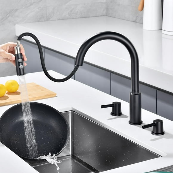 Rulia Kitchen Faucet 2 Handles Kitchen Sink Faucet 3 Holes Sink Faucet Pull Down Kitchen Faucets Bar Kitchen Faucet Matte Black Stainless Steel Rb1064