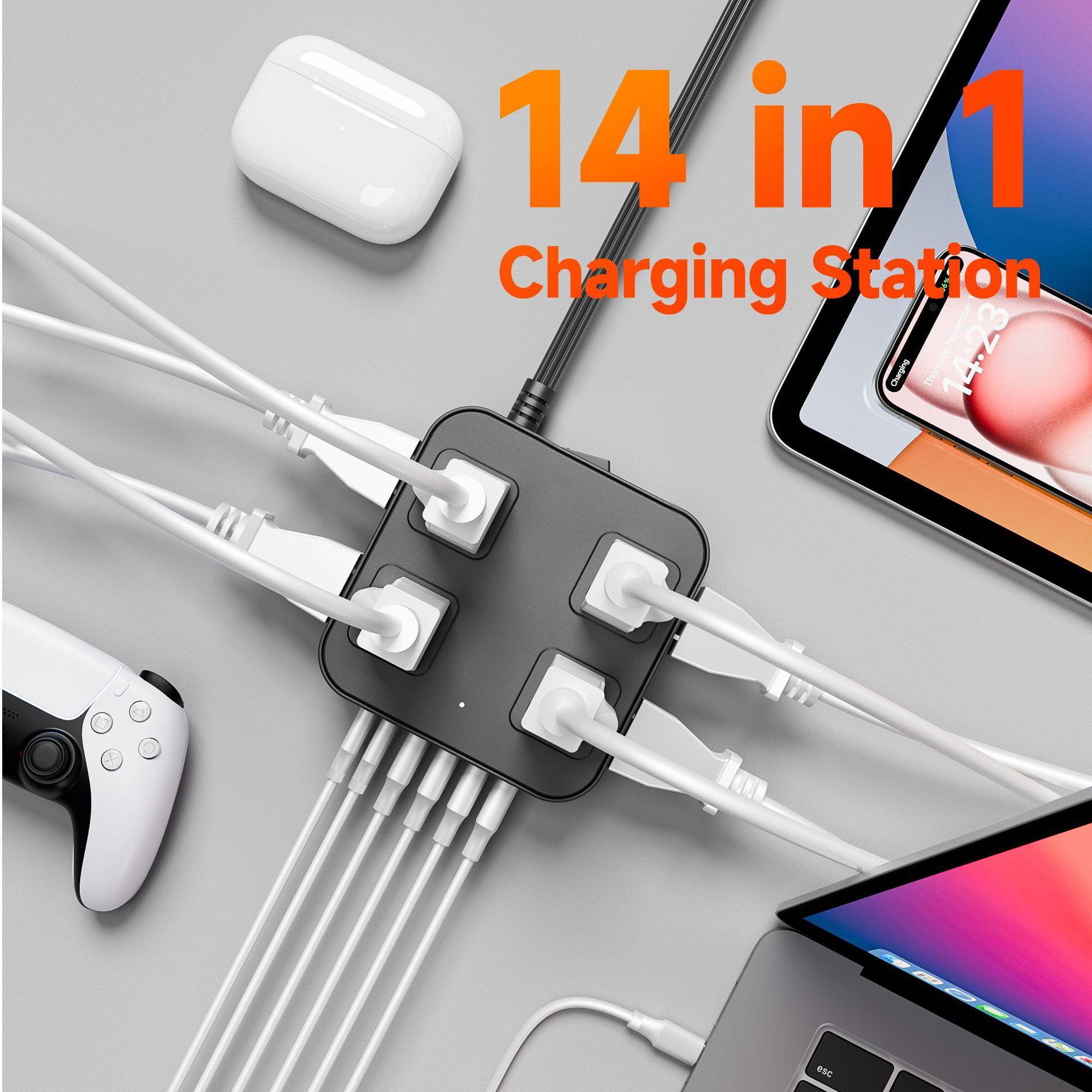 USB Charging Strip - 8 AC Outlets Extender 6 Fast-Charging USB Ports Heavy-Duty US Standard Socket with Extension Cable Multi-Device Charger Station for Office Home Travel（Black）