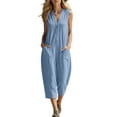 thumbnail image 2 of HBYJLZYG Women's Sleeveless V-Neck Button Front Jumpsuit with Relaxed Straight Leg and Front Patch Pockets, Crafted from a Breathable Cotton-Linen Blend for Effortless Summer Style, 2 of 6