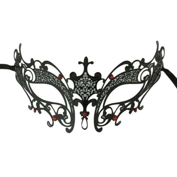 Red Black Laser Cut Venetian Masquerade Metal Filigree Mask Rhinestones Fleur De Lis
