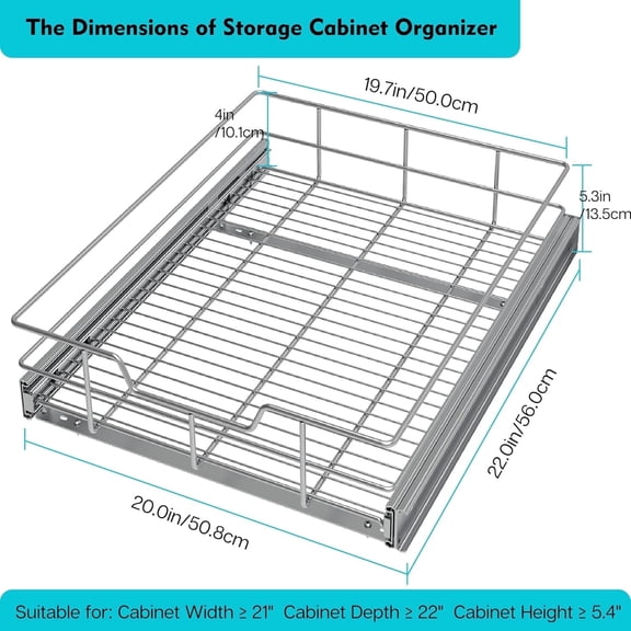 Storking Pull Out Cabinet Organizer 20" W X 22" D, Slide Out Drawers for Kitchen Organizers and Storage, Capacity Heavy Duty Caddy, Shelves Chrome-Plated, Pantry