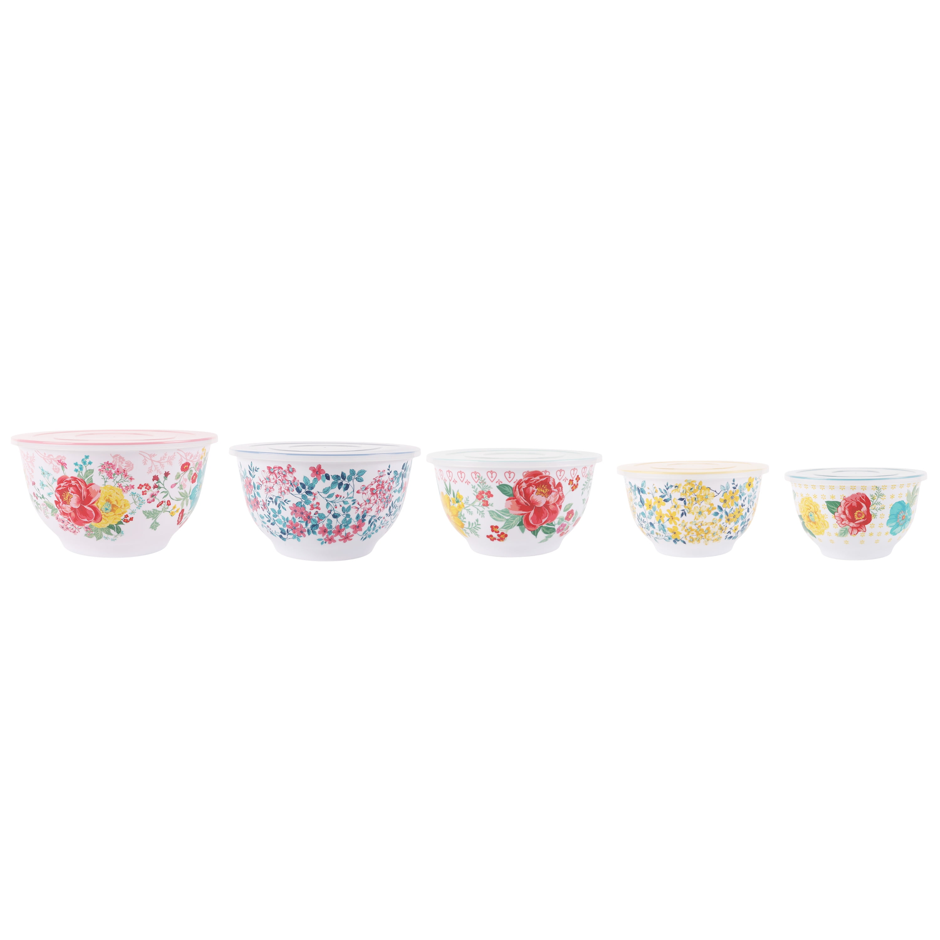 The Pioneer Woman Merry Meadows 10-Piece Melamine Mixing Bowl Set with Lids, Size: XL Bowl with Lid: 5.5 qt (5.2 Large) 10.5 in Dia (26.6 cm) Large