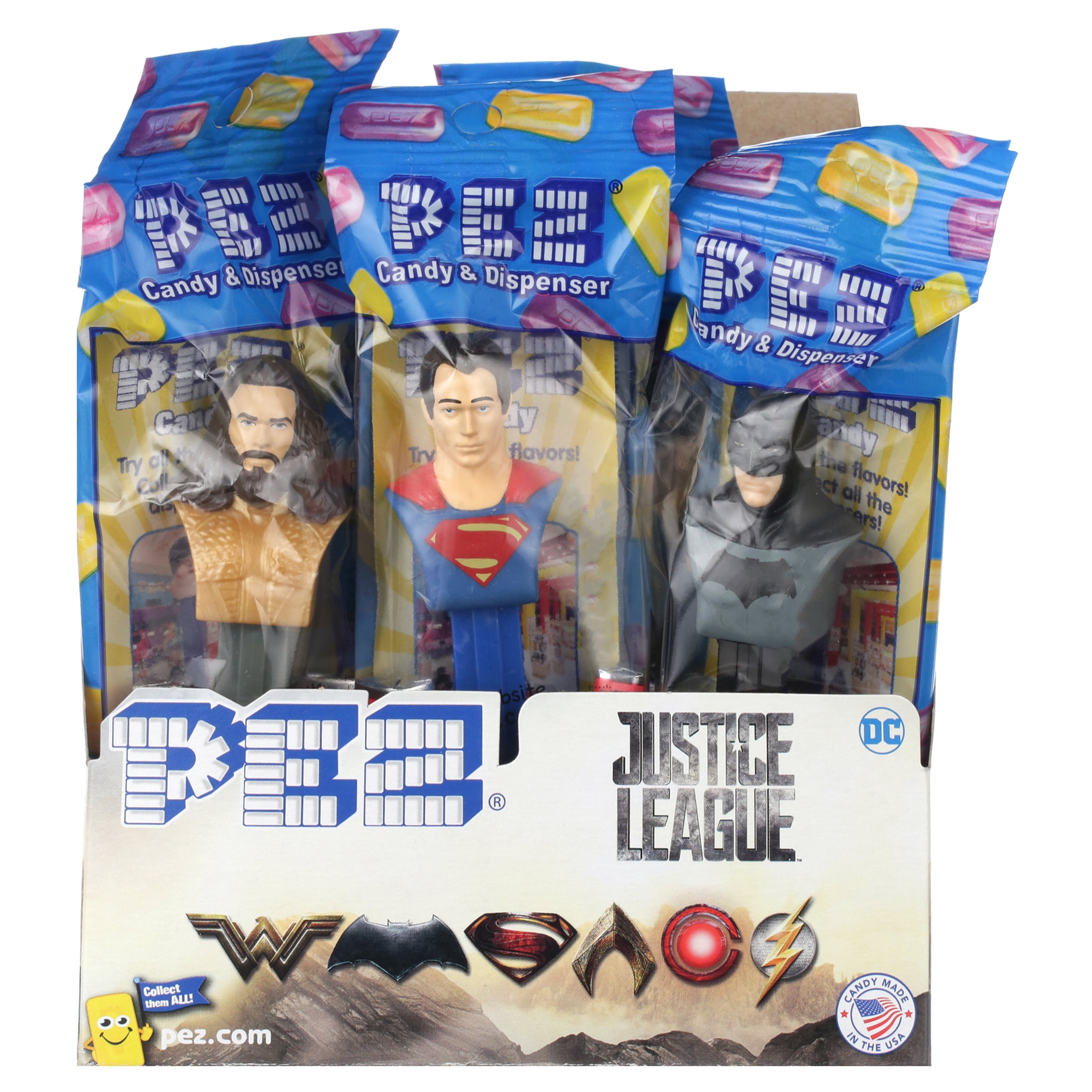 PEZ Candy Justice League Assortment, 1 Candy Dispenser Plus 2 Rolls Assorted Fruit Candy, 6.96 oz, Box of 12
