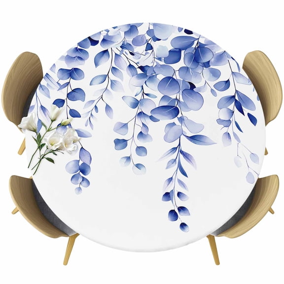 Blue Eucalyptus Table Cloth, Round Fitted Tablecloths with Elastic Edge, Botanical Plant Rustic Succulent Branch Wipeable Waterproof Table Cover for Kitchen Wedding 36-44 Inches