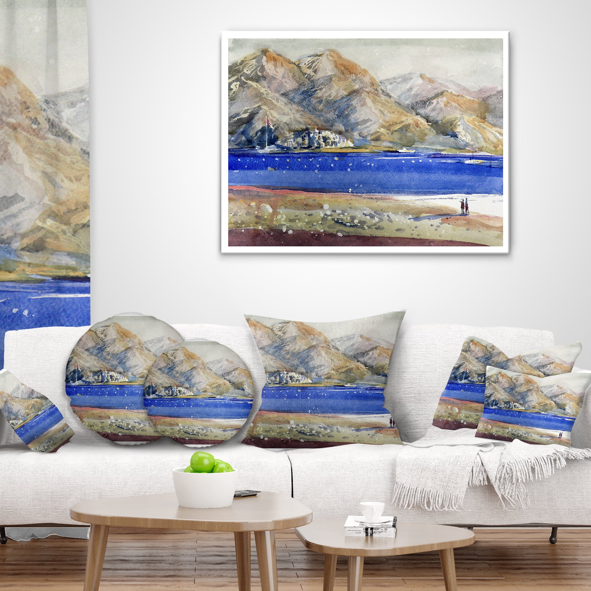 Designart Mountains and Blue Sea - Landscape Printed Throw Pillow - 12x20
