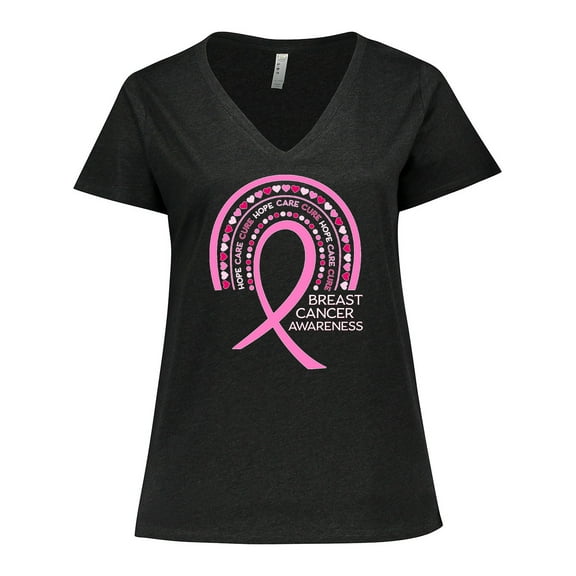 Inktastic Breast Cancer Awareness Rainbow Ribbon with Hearts Women's Plus Size V-Neck T-Shirt