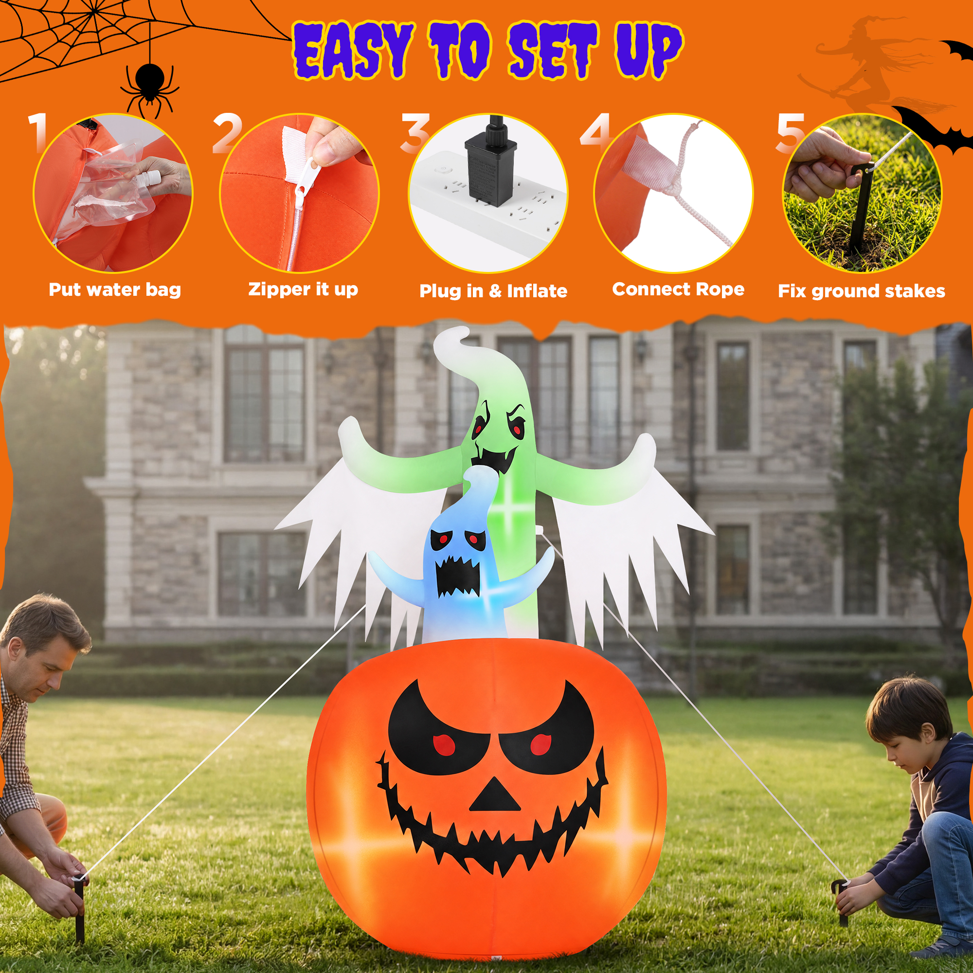 Firstness 6 Ft Halloween Inflatable, Pumpkin Ghost with LED Lights photo 8