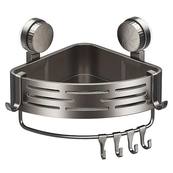 Suction Cup Corner Shower Caddy - Rustproof Stainless Steel Bathroom Organizer with Hooks, No-Drill Wall Mounted Storage Shelf for Shampoo, Soap & Toiletries