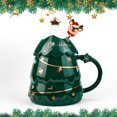 thumbnail image 1 of Taza de café navideña Taza de cerámica navideña con tapa y varilla para revolver Tazas de café con forma de árbol de Navidad de 400 ml Tazas de té navideñas de regalo, 1 of 4