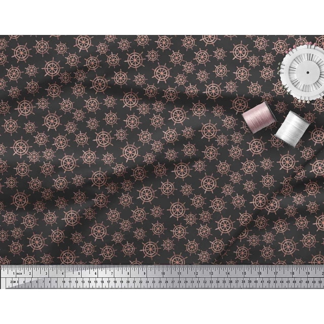 Soimoi Black Poly Georgette Fabric Ship Wheel Nautical Print Sewing Fabric Yard 52 Inch Wide