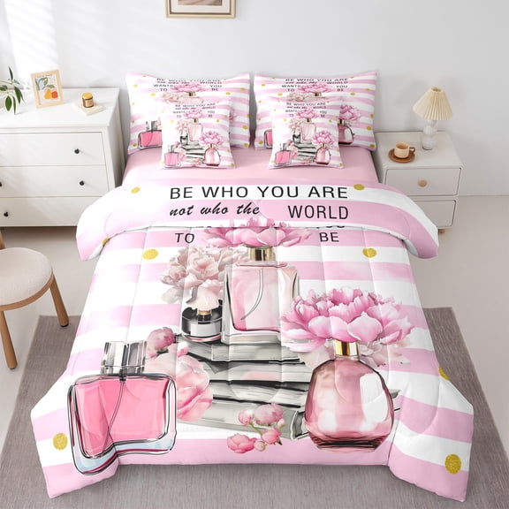 Erosebridal Cosmetics Perfume Bedding Sets Twin Size,Pink Flower Comforter Sets with Sheets,Geometric Stripes Bed in a Bag Twin Size For Girls,Super Cozy Room Decor Reversible,7-Piece