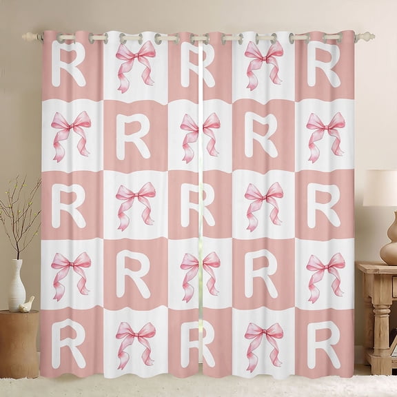 Erosebridal Girly Personalized Gifts Black Out Curtains,Pink Grid Alphabet R Print Curtains Pack of 2 (42x63 Each) For Kids