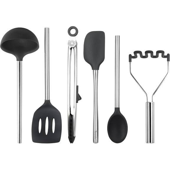 Tovolo Silicone Cooking Utensil Set of 6 Steel Handle BPA-Free, Black