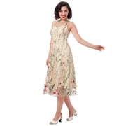 IBTOM CASTLE Women Vintage Dress 1950s Sleeveless Mesh Patchwork Cocktail Swing Dress Floral Embroidery Flare A-Line Dress Wedding Guest Evening Prom Gown XXL Apricot