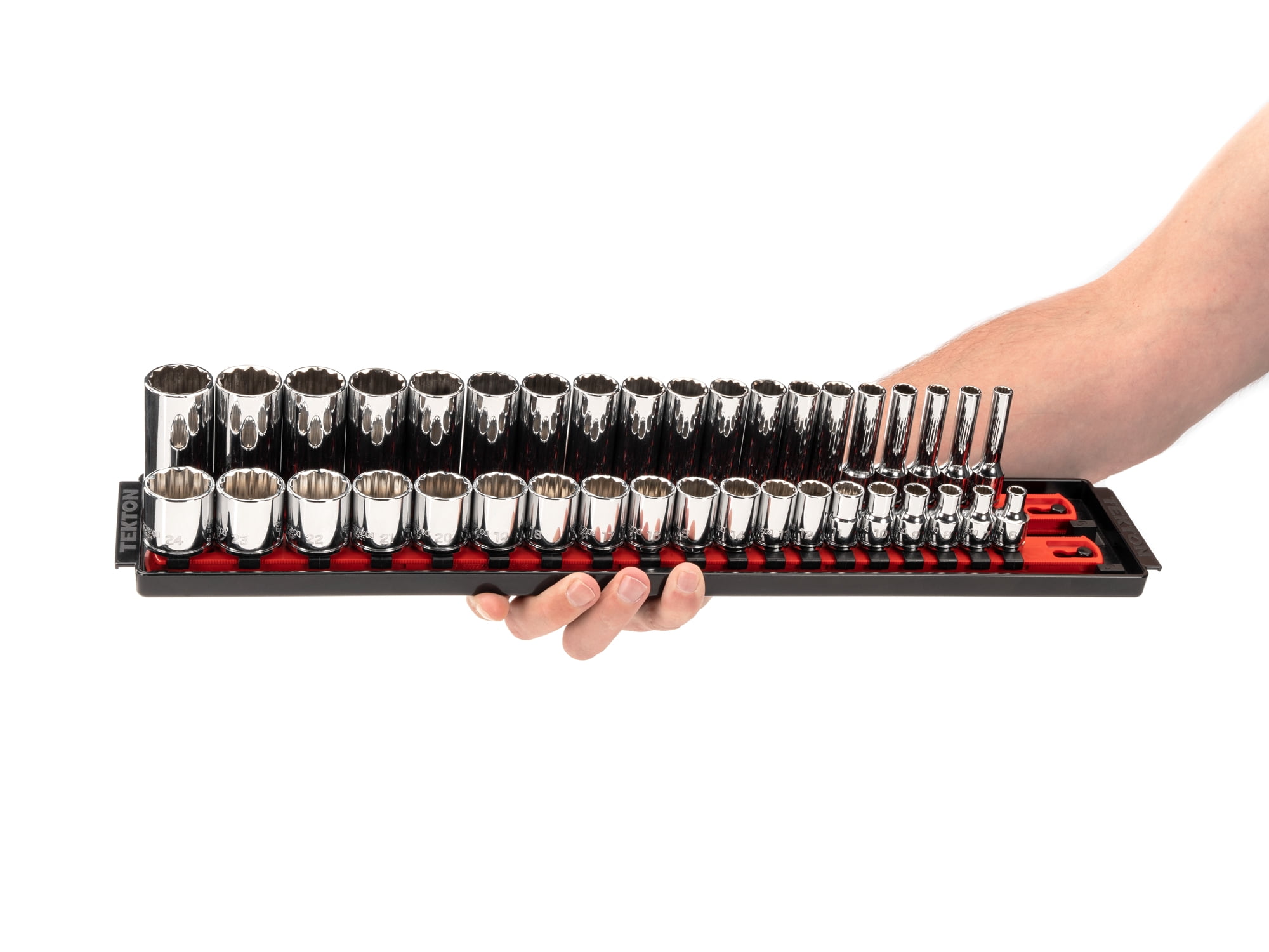 TEKTON 3/8 Inch Drive Shallow and Deep 12-Point Socket Set with Rails and Trays, 68-Piece (1/4 - 1 in., 6 - 24 mm) | SHD91221