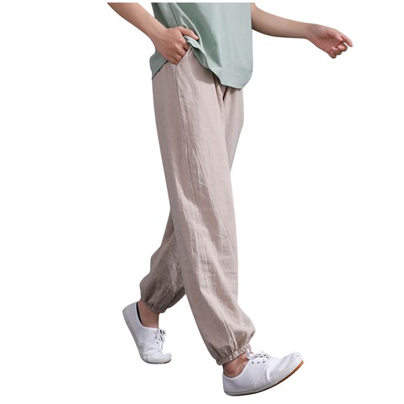 REALiKUN Cotton Linen Pants for Women Summer Boho Lantern Pants with Pocket Casual Baggy Relax Fit Trousers
