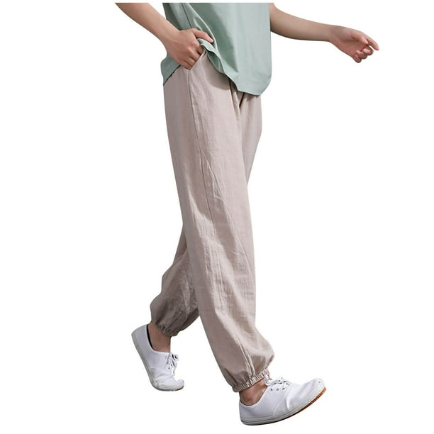 Womens Cotton Linen Capri Pants Elastic Waist Comfy Baggy Lounge ...