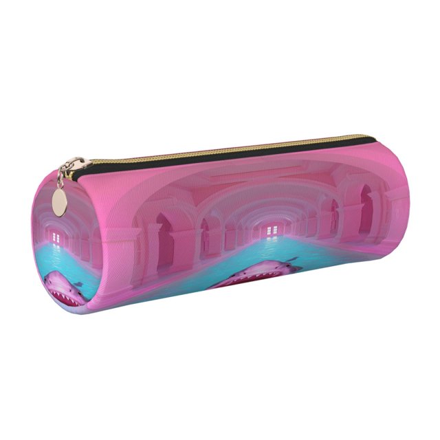 Easygdp Pink Shark Pool Fantasy para Estuche de Lápices Cilíndrico de Cuero con Cremallera, Organizador de Lápices de Cuero para Escuela, Oficina y Viajes