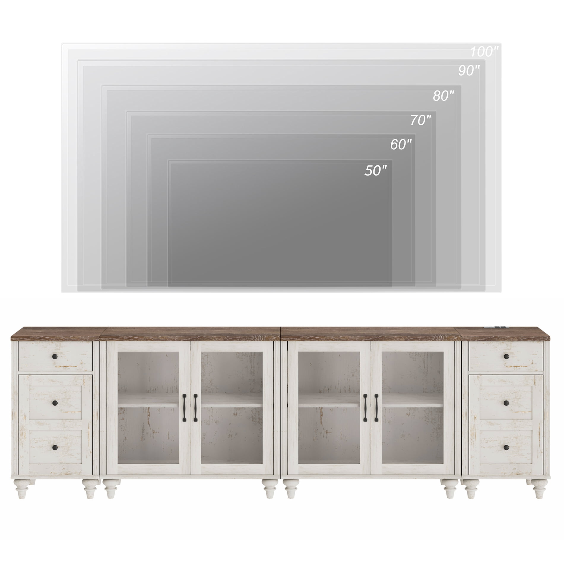 WAMPAT TV Stand for 100-Inch TV, Wood TV Console Table for 85/90/95-Inch TVs, Entertainment Center with Charging Station & Glass Door, Rustic White Kitchen Sideboard Buffet Cabinet for Dining Room