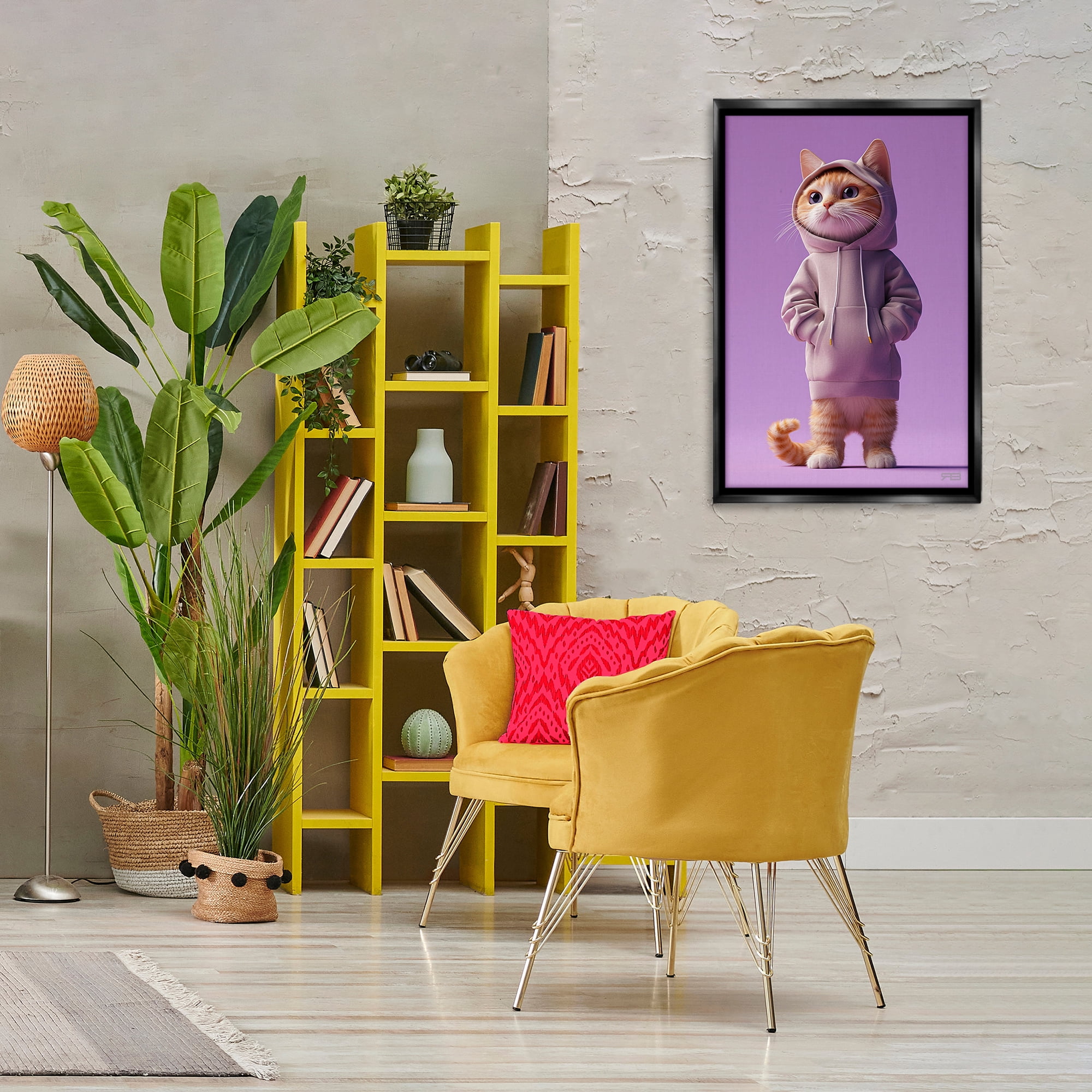 Stupell Industries Trendy Cat in Purple Animals & Insects Painting Black Floater Framed Canvas Art Print Wall Art, 21 x 31